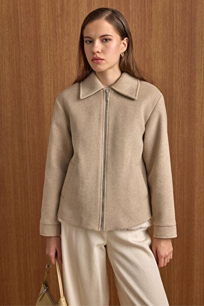 Olcay Zipper Closure Oversized Short Coat Stone 3157