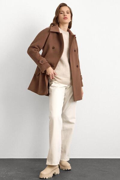 Olcay Reglan Sleeve Double Breasted Short Coat A.Brown 3150