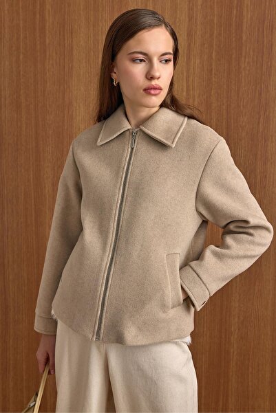Olcay Zipper Closure Oversized Short Coat Stone 3157