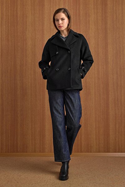 Olcay Double-Breasted Short Coat with Cape and Sleeve Pad Detail Black 3161