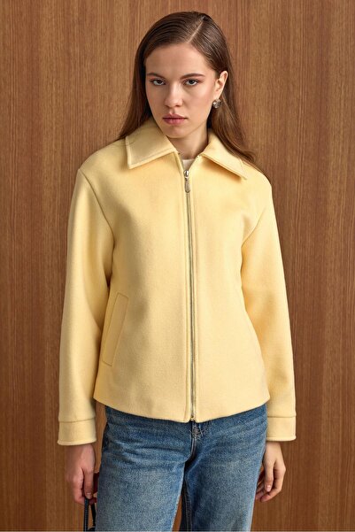 Olcay Zipper Closure Oversized Short Coat Yellow 3157