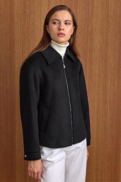 Olcay Zipper Closure Oversized Short Coat Black 3157