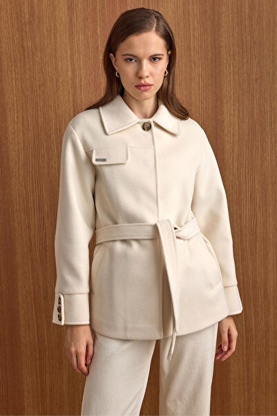 Olcay Shirt Collar Belt Detailed Oversized Short Coat Ecru 3155