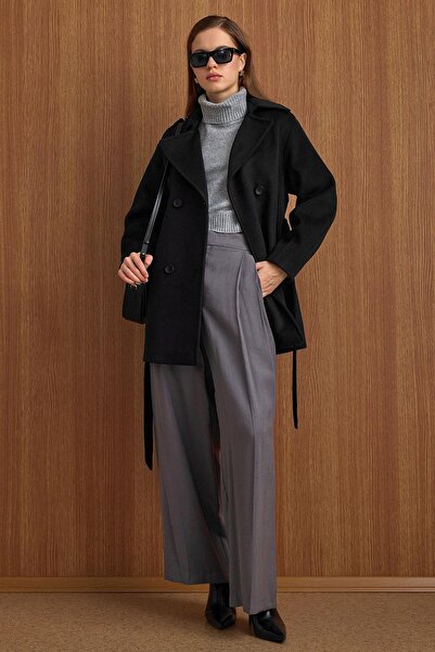 Olcay Epaulette Detailed Oversized Short Coat Black 3149