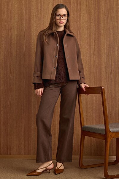 Olcay Snap Closure Pat Detailed Short Coat A.Brown 3163