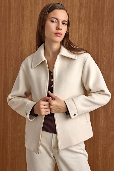 Olcay Zipper Closure Oversized Short Coat Ecru 3157