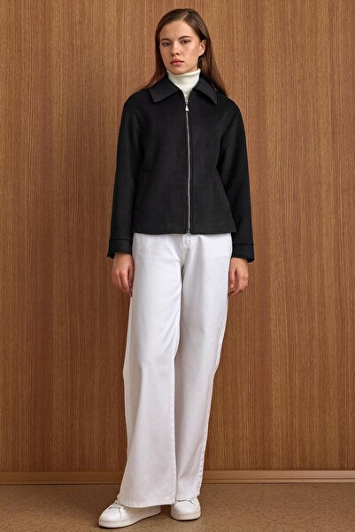 Olcay Zipper Closure Oversized Short Coat Black 3157