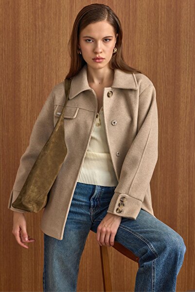 Olcay Shirt Collar Belt Detail Oversized Short Coat Stone 3155