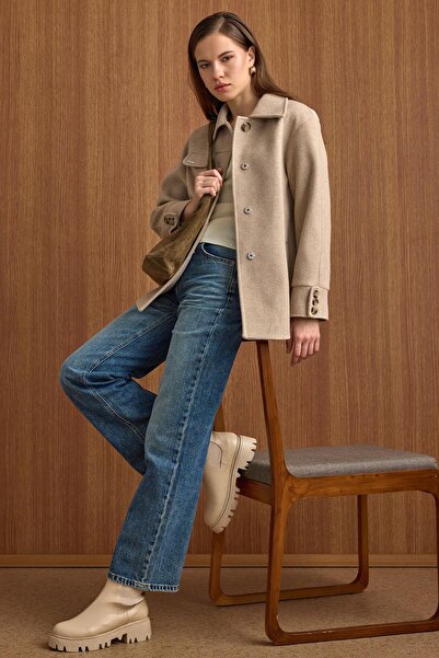 Olcay Shirt Collar Belt Detail Oversized Short Coat Stone 3155