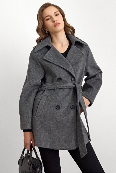 Olcay Oversize Short Coat with Epaulet Detail Dark Gray 3149