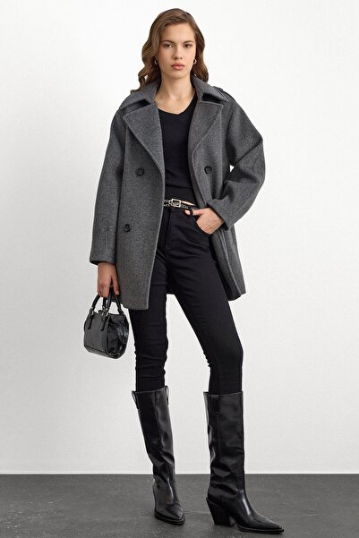 Olcay Oversize Short Coat with Epaulet Detail Dark Gray 3149