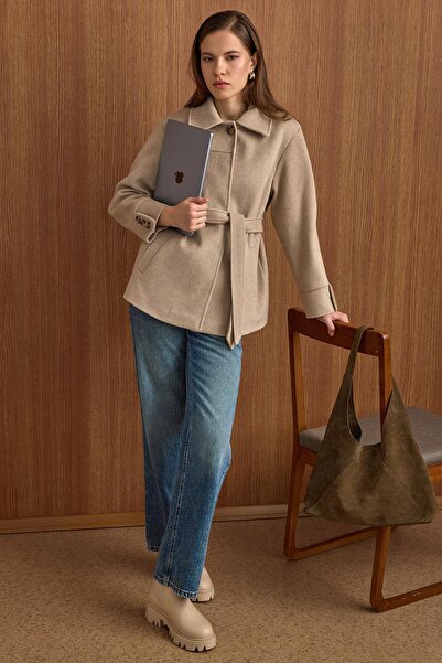 Olcay Shirt Collar Belt Detail Oversized Short Coat Stone 3155
