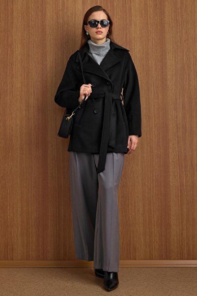 Olcay Epaulette Detailed Oversized Short Coat Black 3149