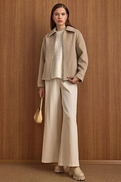 Olcay Zipper Closure Oversized Short Coat Stone 3157