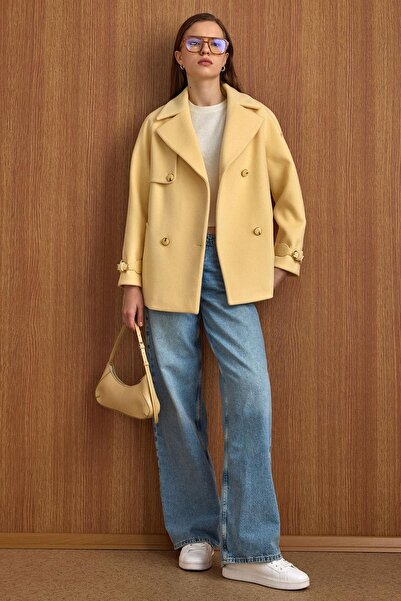 Olcay Double-Breasted Short Coat with Cape and Armlet Detail Yellow 3161