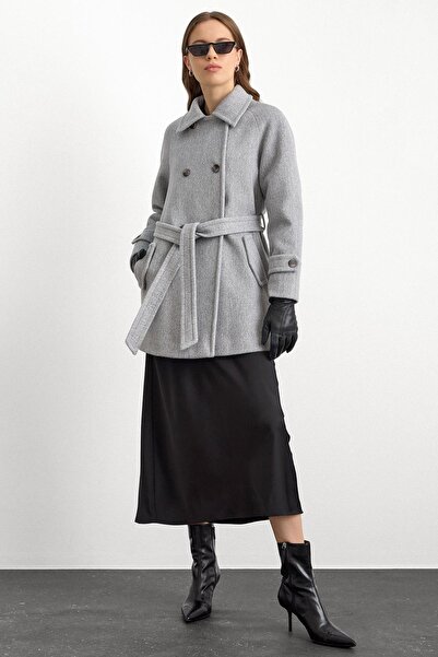 Olcay Reglan Sleeve Double Breasted Short Coat Light Gray 3150
