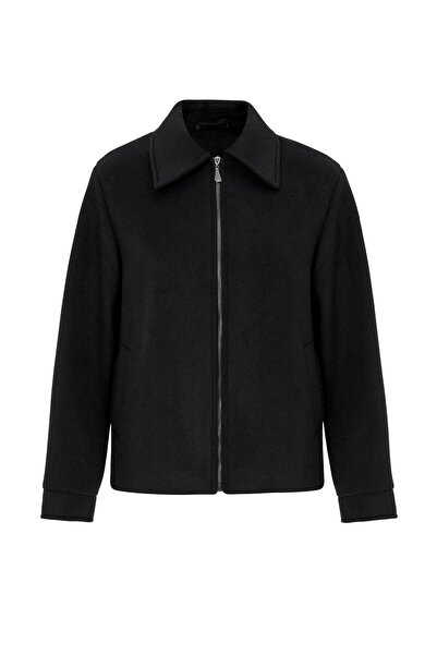 Olcay Zipper Closure Oversized Short Coat Black 3157