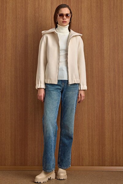 Olcay Hooded Buy Elasticated Oversized Short Coat Ecru 3162