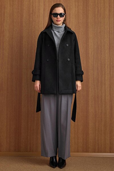 Olcay Reglan Sleeve Double-Breasted Short Coat Black 3150