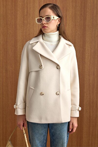 Olcay Double-Breasted Short Coat with Cape and Sleeve Pad Detail Ecru 3161