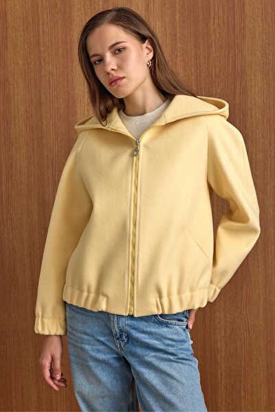Olcay Hooded Buy Lastikli Oversized Short Coat Yellow 3162