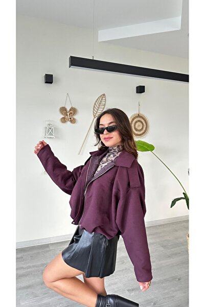 modadagiyim Jachetă bomber scurtă din catifea căptușită pentru femei, cu buzu...