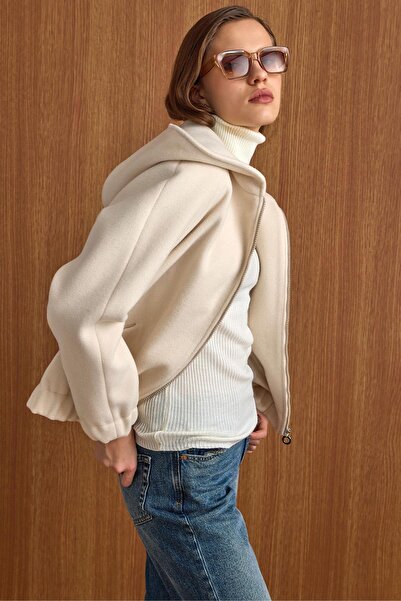 Olcay Hooded Buy Elasticated Oversized Short Coat Ecru 3162