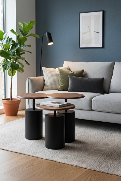 Vina Dekor 3’lü Zigon Sehpa , Yan Sehpa Siyah Metal Ayak - Ceviz Üst