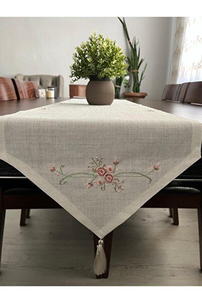 zeynmar Rococo Embroidered Linen Ecru Color Runner Table and Tv Console Cover