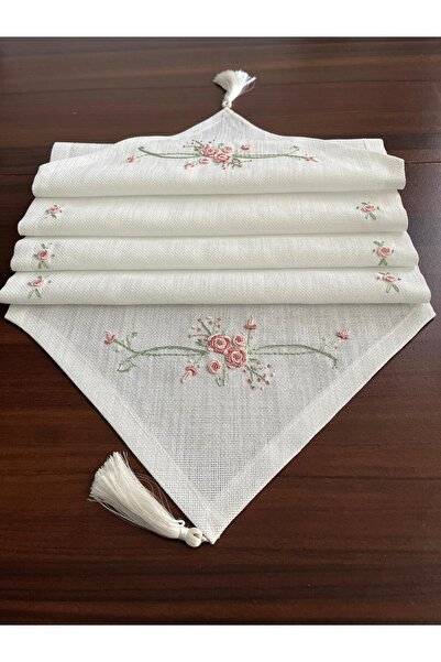 zeynmar Rococo Embroidered Linen Ecru Color Runner Table and Tv Console Cover