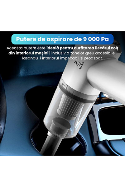 BRAGUS Mini aspirator auto portabil, fara fir, LED, acumulator 2400mAh, 9000Pa, 120W, plastic, BRAGUS®, alb