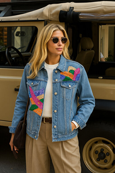 GZ Design Renkli Pul Işlemeli Jean Ceket