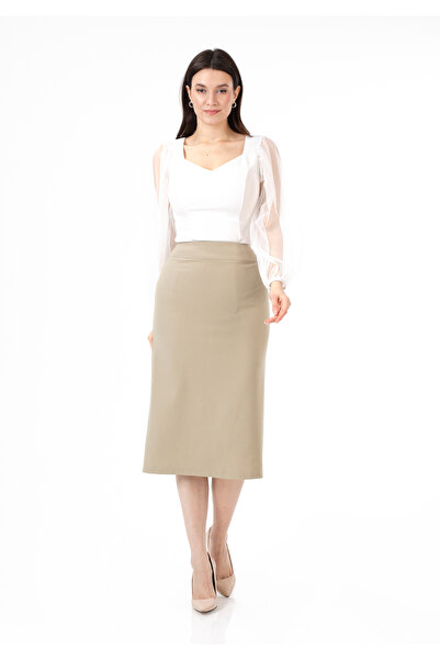 G-Line Klasik Midi Boy Bej Arkadan Fermuarlı Yırtmaçlı Kalem Etek