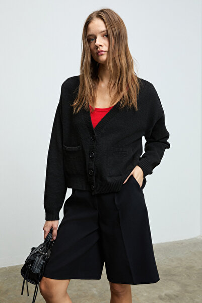 GRIMELANGE Esencia Women's V-Neck Long Sleeve Buttoned Pocketed Soft Textured Regular Knitwear Black Sweater