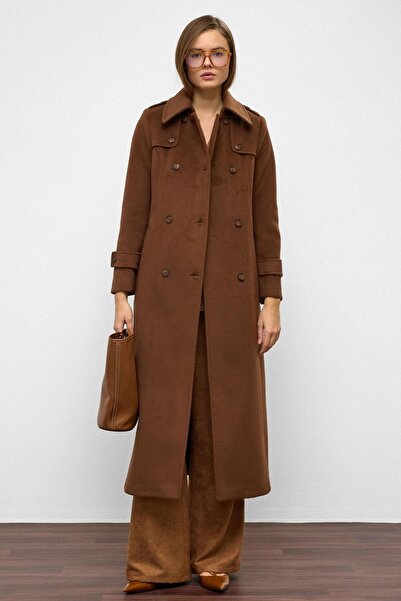 Olcay Double-Breasted Long Coat with Cape Detail Tütün 3087