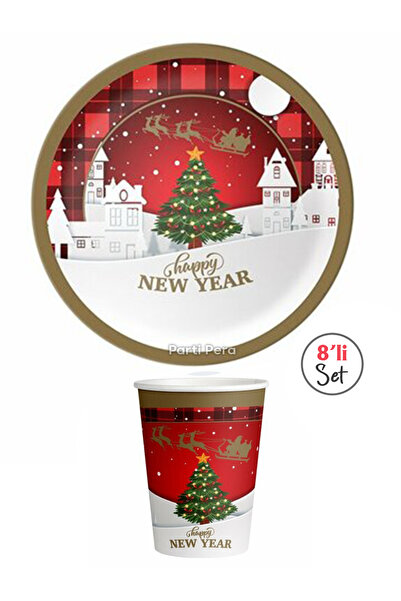 parti pera Yılbaşı Temalı Karton Tabak Bardak 8'li Parti Seti
