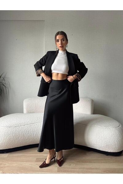 Moda cameo Mohinto Saten İhracat Midi Etek Siyah
