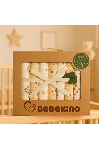 Bebekino Organik Penye 7'lı Bebek Ağız Bezi – %100 Pamuk Kutulu Desenli Mendil 22*22cm