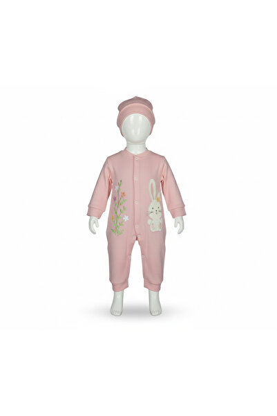 GİRL EMELY Baby Girl Jumpsuit with Hat 100% Cotton Solid Color with Rabbit Em...