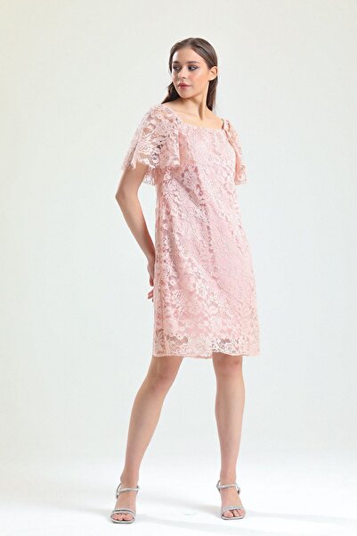 Sense Φόρεμα με δαντέλα με μανίκια με επένδυση μέσα |   Elb33541 Πούδρα