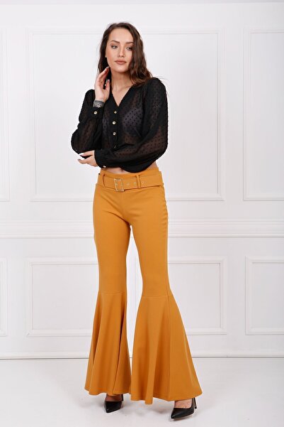 Sense Kumaş Kaplama Kemerli Diz Altı Volanlı Pike Pantolon | Pnt32971 Safran