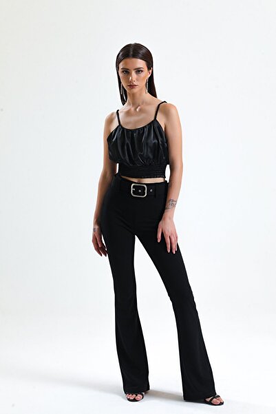 Sense İspanyol Paça Kemerli Örme Kumaş Pantolon Pnt32439 Siyah