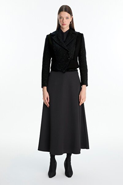 Zühre Tweed Patterned Jacket Skirt Two-Piece Black Set Tk-1661
