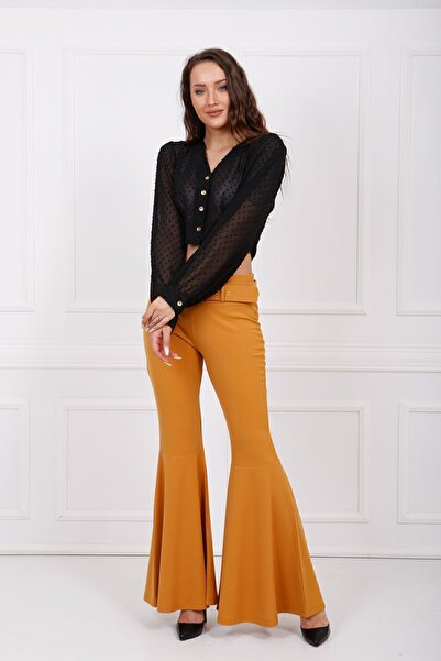 Sense Kumaş Kaplama Kemerli Diz Altı Volanlı Pike Pantolon | Pnt32971 Safran