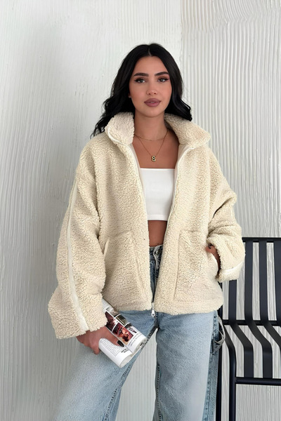 İLKCET MODA ψηλός λαιμός Γυναικείο παλτό με φερμουάρ oversized βελούδινο