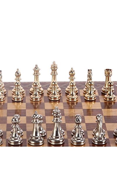 Gift Home Metal Klasik Satranç Takımı Parlak  ve Katlanır Sedef Desenli MDF Ahşap Satranç Tahta (43x43 cm.)