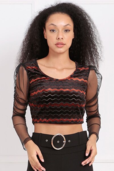 Sense Μπλούζα με μανίκια τούλι ριγέ βελούδο |   Blz33256 Καφέ