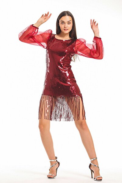 Genel Markalar Kolları Organze Payetli Abiye Elbise Bordo