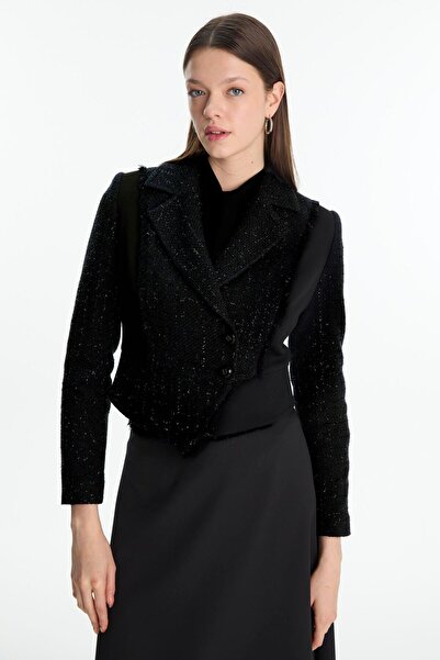 Zühre Tweed Patterned Jacket Skirt Two-Piece Black Set Tk-1661