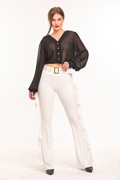 Sense Yellow Buckle Belt Side Flywheel Scuba Crepe Trousers_pnt32717 Ecru